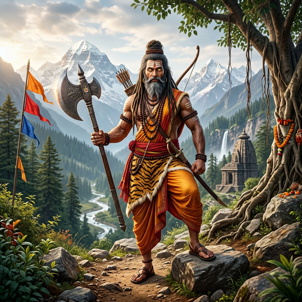 A muscular sage holding an axe and bow stands on a rocky path with mountains and temple in background