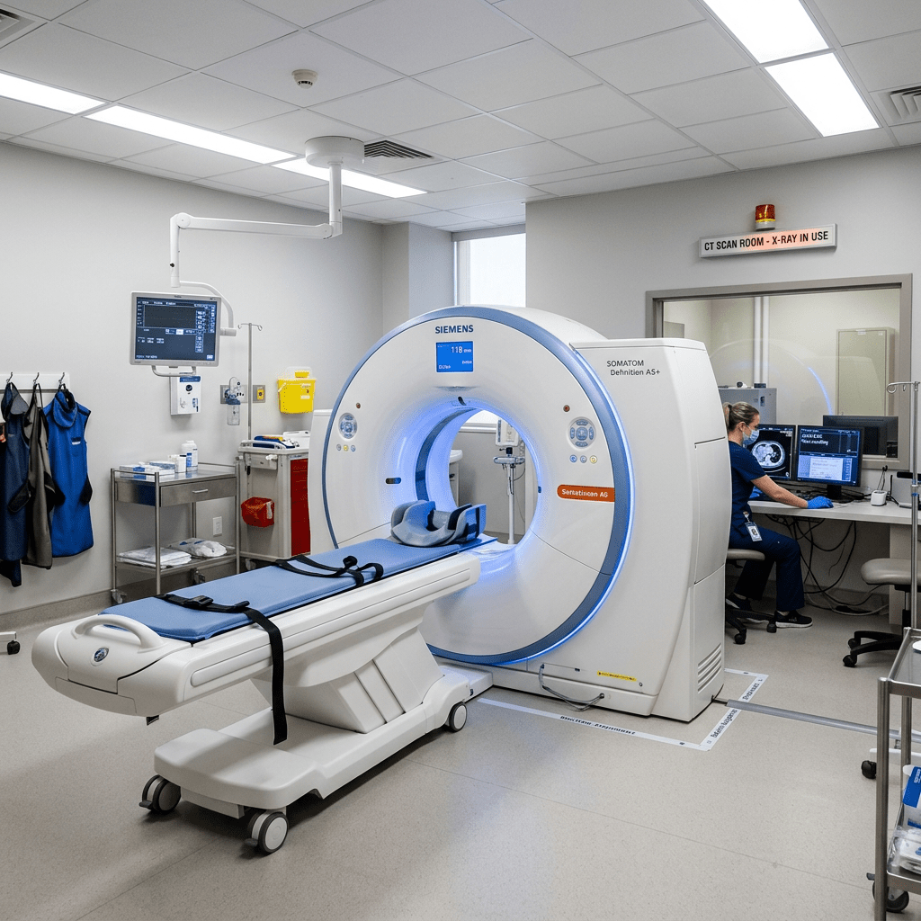 CT scanner machine with patient table and technician at computer workstation
